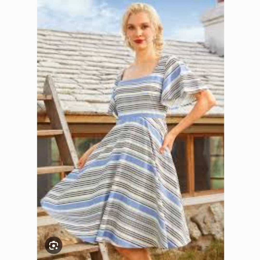 Modcloth Blue Black White Striped Midi Dress